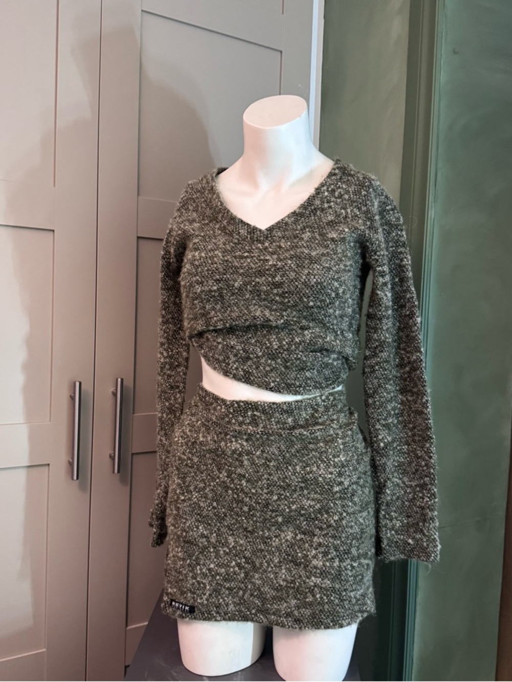 Textured Knit Olive Green Mini Skirt